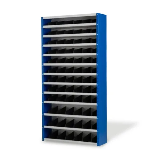 blauw/grijze vakkenkast met zwarte schotten