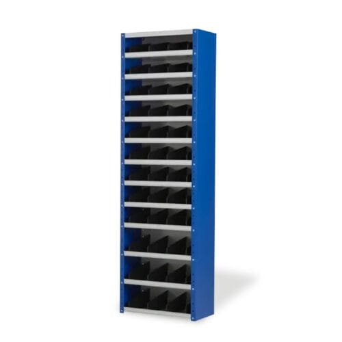 blauw/grijze vakkenkast 200x100cm met zwarte tussenschotten