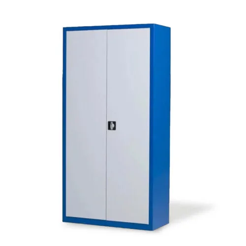 blauwe magazijnkast met grijze deuren. Afmetingen 200 x 100 x 44 cm