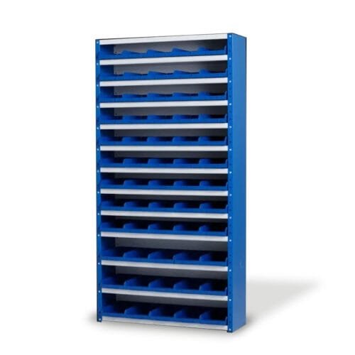 blauw/grijze bakkenkast met blauwe kunststof bakken