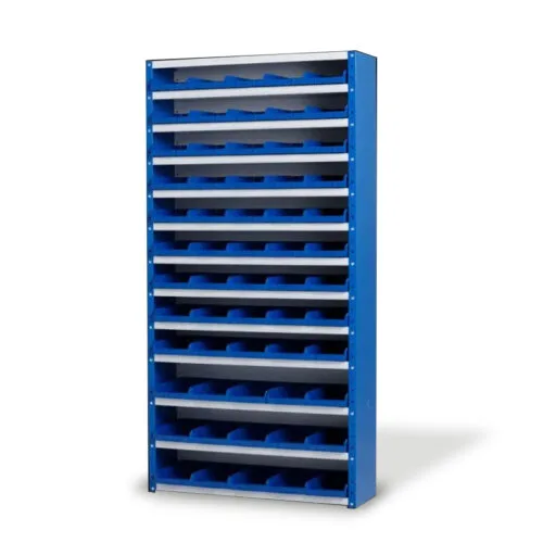 blauw/grijze bakkenkast met blauwe kunststof bakken