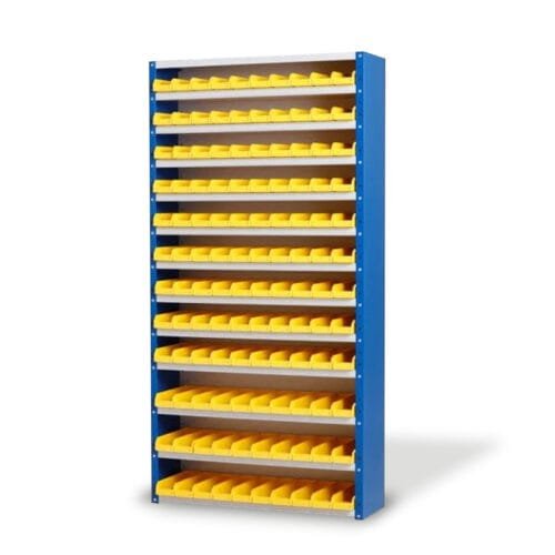 blauw/grijze bakkenkast met gele grijpbakken