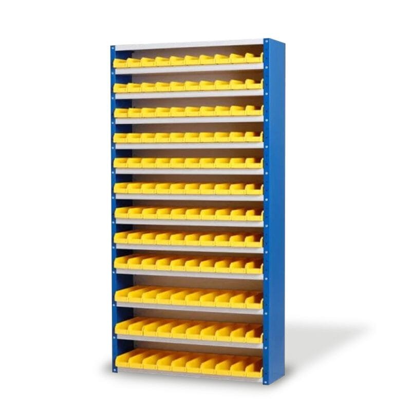 blauw/grijze bakkenkast met gele grijpbakken