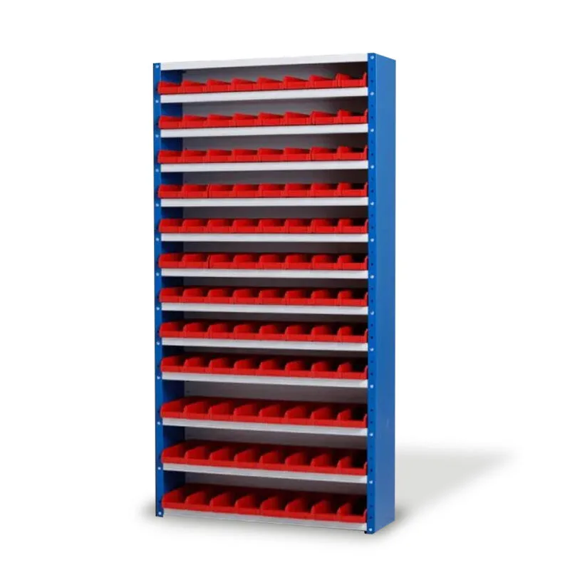 blauw/grijze bakkenkast met rode grijpbakjes