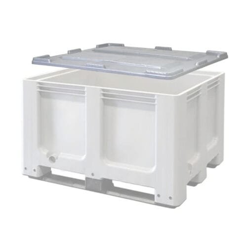 deksel ten behoeve van een palletbox zwevend boven een palletbox