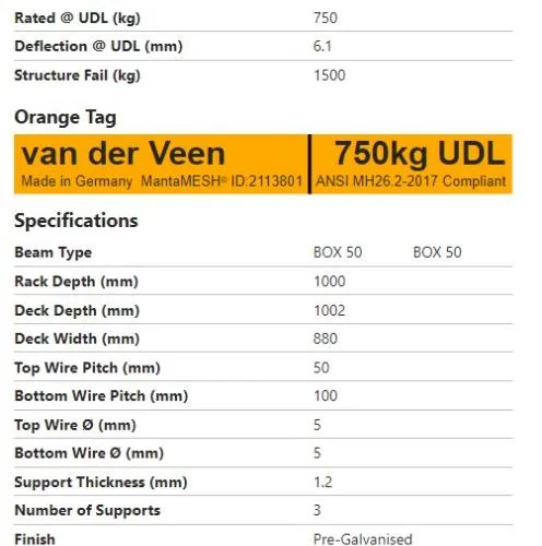 specificatie sheet van draadroosters 88x100 maximaal 750 kg