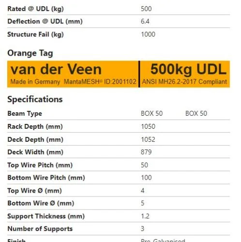 specificatie sheet van draadrooster maximaal 500 kg