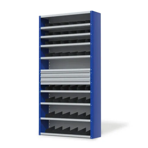 blauwe vakkenkast met grijze tussenschotjes en 3 lades in het midden