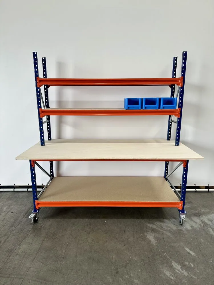 Werkbank inpaktafel met boven opbouw 215x100x95cm / 22 mm blad / incl. 4 zwenkwielen, nieuw