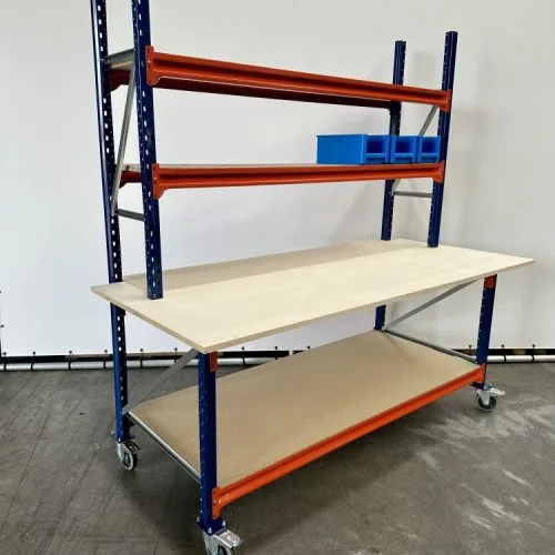 Werkbank inpaktafel met boven opbouw 215x100x95cm / 22 mm blad / incl. 4 zwenkwielen, nieuw - Afbeelding 2