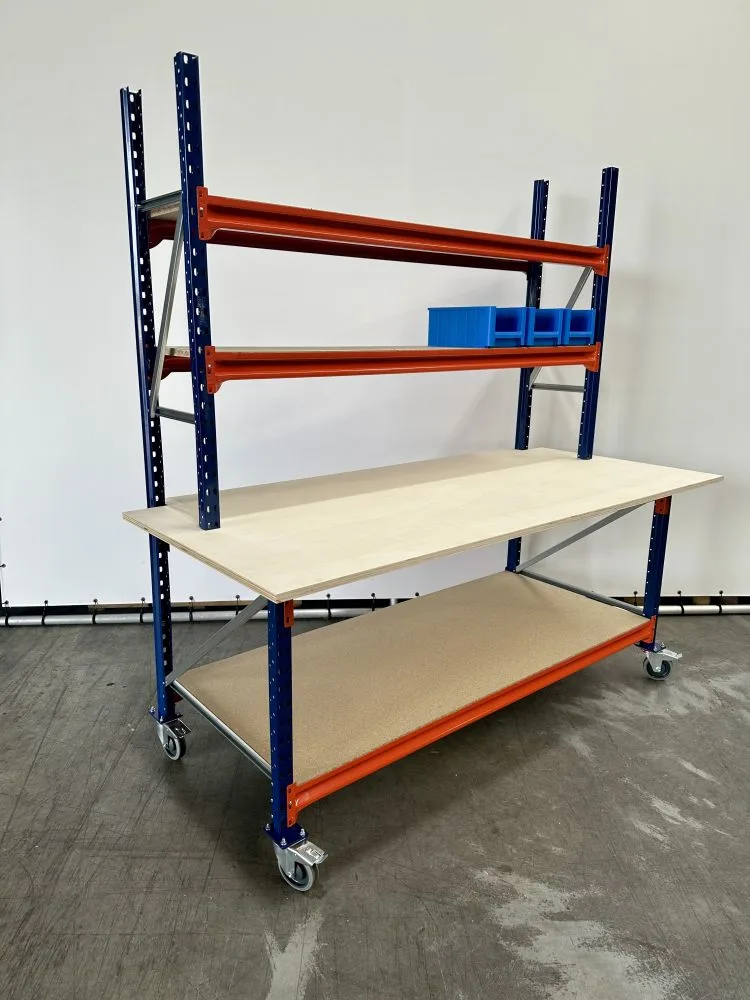 Werkbank inpaktafel met boven opbouw 215x100x95cm / 22 mm blad / incl. 4 zwenkwielen, nieuw - Afbeelding 2