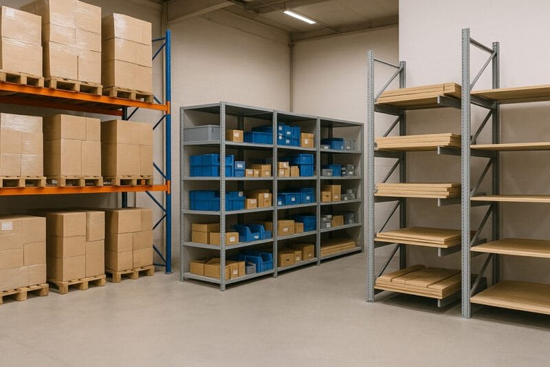 magazijn ingericht met verschillende types magazijnstellingen