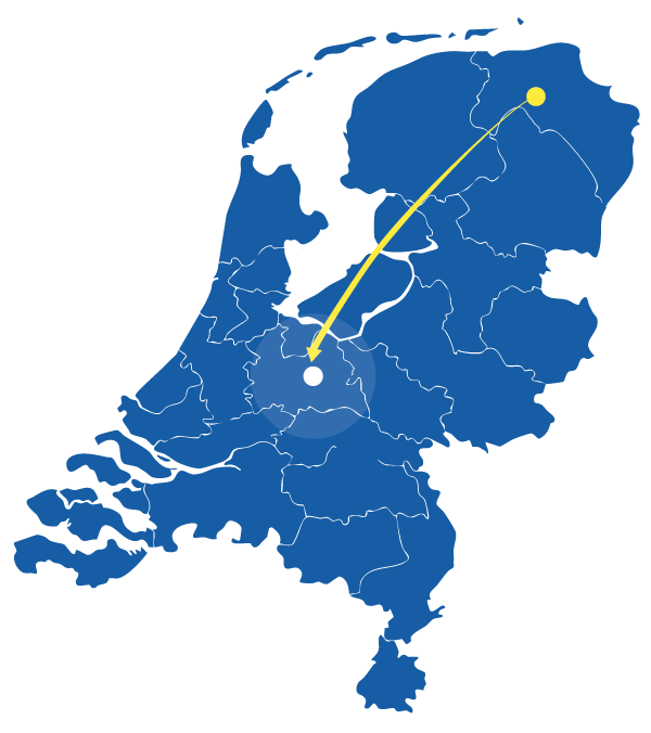 kaart van nederland met een pijl van garmerwolde naar Utrecht en regio